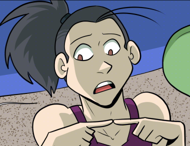 Vanita looks away awkwardly, pointing both index fingers together.